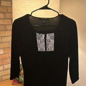 Ellen Tracy Silk Cotton Black Top with Beaded Accent